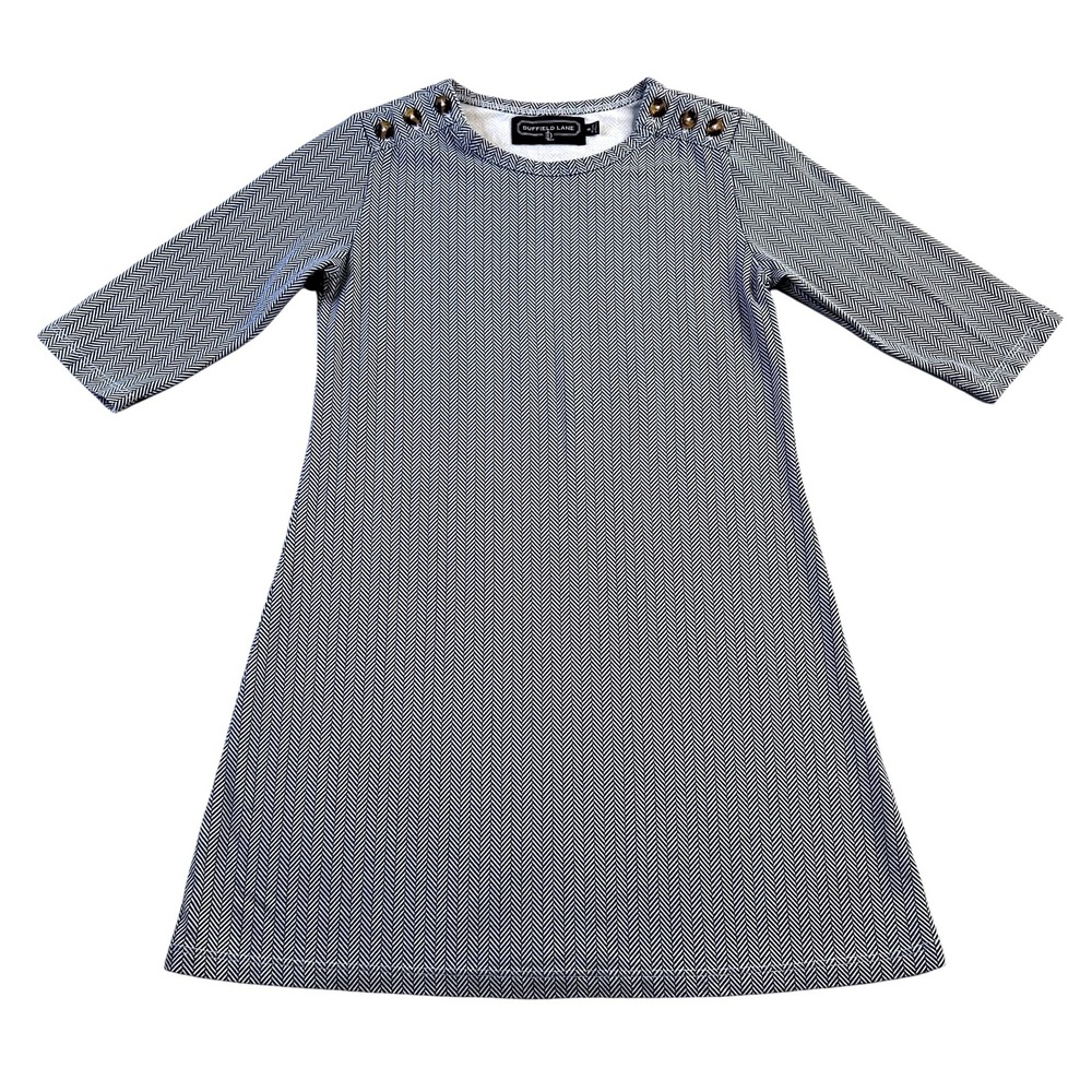 Duffield Lane Girls Navy White Herringbone Button Shoulder A-Line Dress Size 8